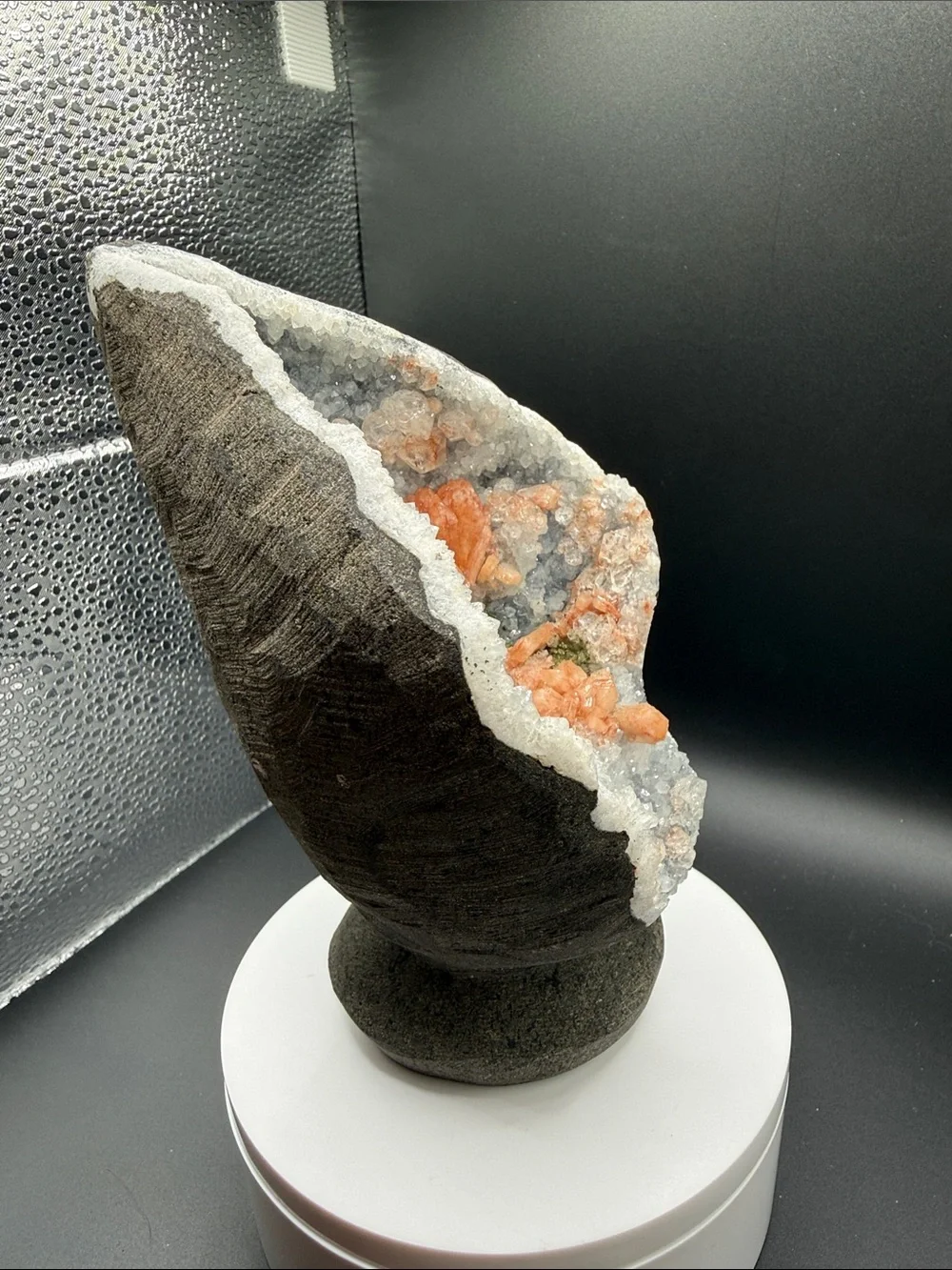Peach Stilbite Cluster in Blue Chalcedony Geode Freeform Apophyllite & Epidote